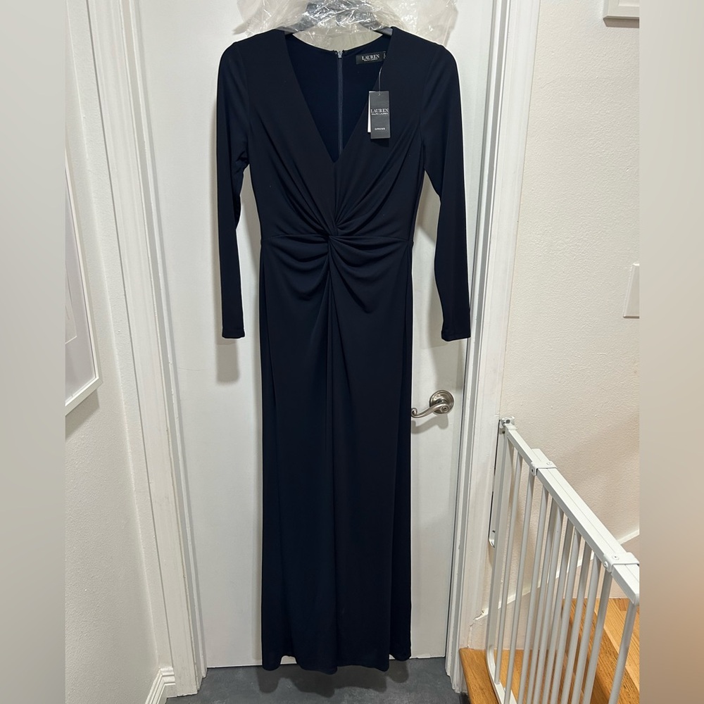 Ralph Lauren Navy Ruched Long Sleeve Cocktail Gown